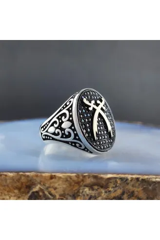 Mikro Taşlı Çift Zülfikar Desenli Gümüş Erkek Yüzük  GYZGMSEGUMU