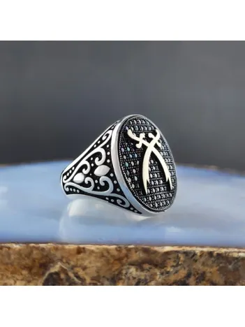 Mikro Taşlı Çift Zülfikar Desenli Gümüş Erkek Yüzük  GYZGMSEGUMU