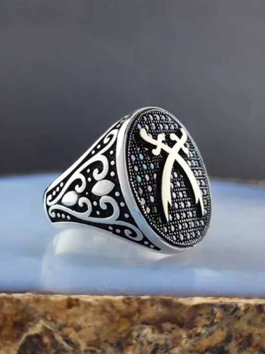 Mikro Taşlı Çift Zülfikar Desenli Gümüş Erkek Yüzük  GYZGMSEGUMU