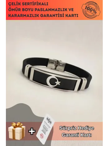Ay Yıldız Bayraklı Kauçuk Çelik Erkek Bileklik