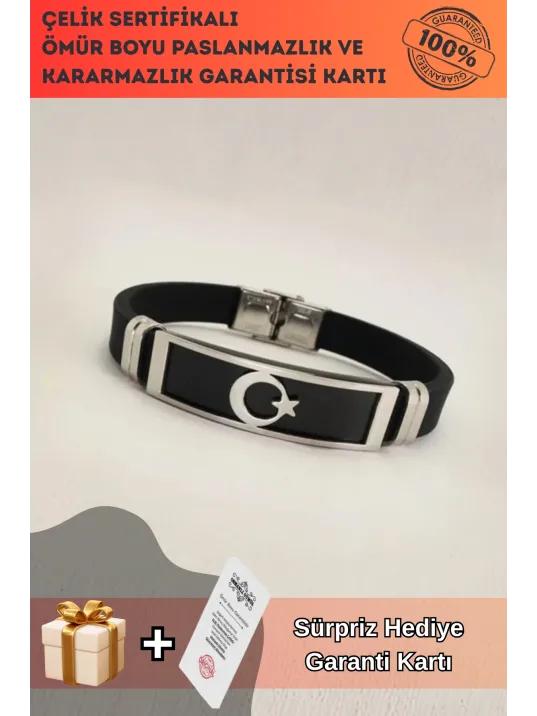 Ay Yıldız Bayraklı Kauçuk Çelik Erkek Bileklik