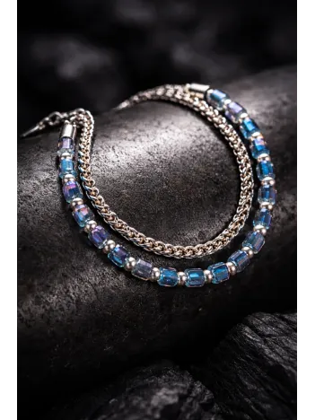 Erkek Çelik Bileklik - Çift Sıra Yuvarlak Kral Zincir Kristal Boncuk Çelik Bilezik