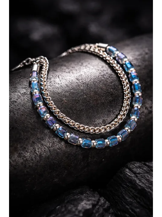 Erkek Çelik Bileklik - Çift Sıra Yuvarlak Kral Zincir Kristal Boncuk Çelik Bilezik