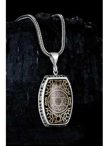 Erkek Gümüş Kolye - Kehribar Hz. Süleyman Mührü Erkek Gümüş Kolye