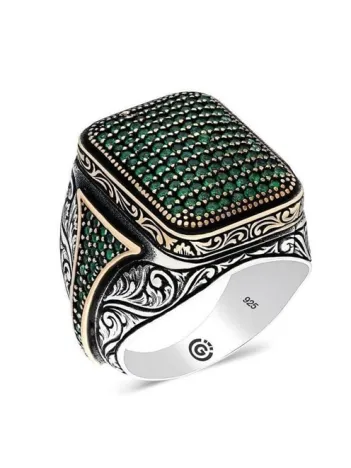 Homero Yeşil Zirkon Yanı Taşlı İşlemeli Özel Seri Erkek Gümüş Yüzük