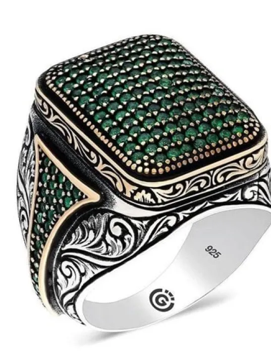 Homero Yeşil Zirkon Yanı Taşlı İşlemeli Özel Seri Erkek Gümüş Yüzük