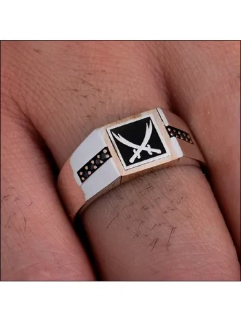 Erkek Gümüş Yüzük - Çift Zülfikarlı Siyah Taşlı İnce Kibar Erkek Yüzüğü