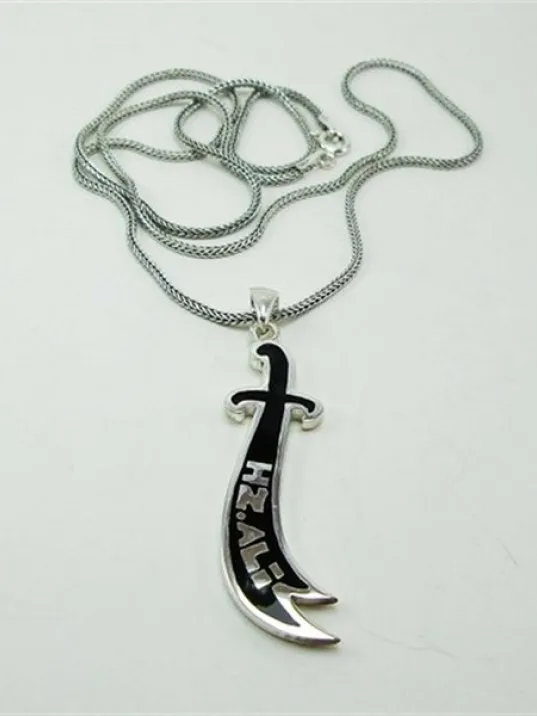 Mineli Zülfikar Gümüş Erkek Kolye Zincir Hz.Ali Yazılı