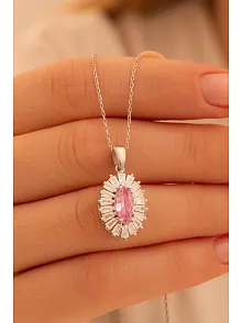 Kadın Gümüş Kolye - Damla Model Pembe Zirkon Taşlı Baget Süslemeli Rodyumlu Kadın Kolye