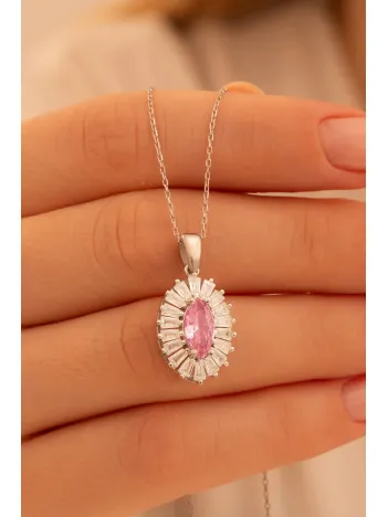 Kadın Gümüş Kolye - Damla Model Pembe Zirkon Taşlı Baget Süslemeli Rodyumlu Kadın Kolye