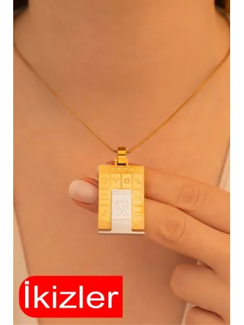 Kadın Çelik Kolye - Çelik Dikdörtgen Model Burç İşlemeli Kadın Kolye