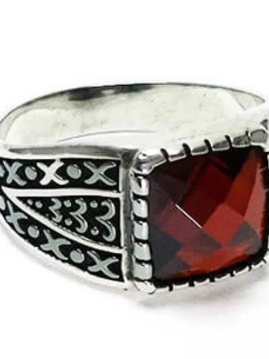 KIRMIZI ZİRKON GÜMÜŞ ERKEK YÜZÜĞÜ ÜCRETSİZ KARGO