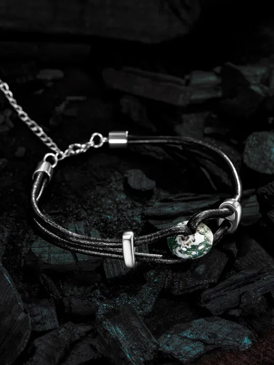 Erkek Çelik Bileklik - Orjinal Yeşil Akik Deri Çelik Erkek Bileklik