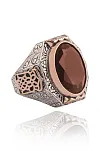 Yakut Garnet Taşlı Yanı Gravür İşlemeli Erkek Gümüş Yüzük