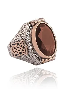 Yakut Garnet Taşlı Yanı Gravür İşlemeli Erkek Gümüş Yüzük