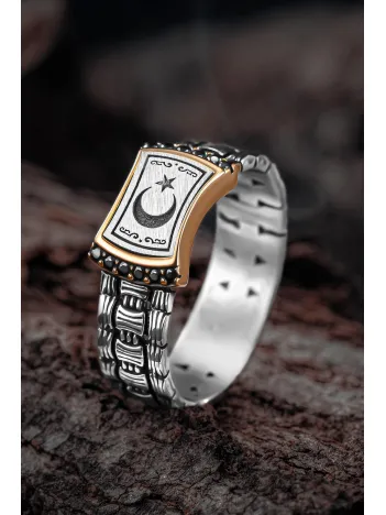 Erkek Gümüş Yüzük - Örgü Model Zirkon Taşlı Ay Yıldız İşlemeli Erkek Yüzük