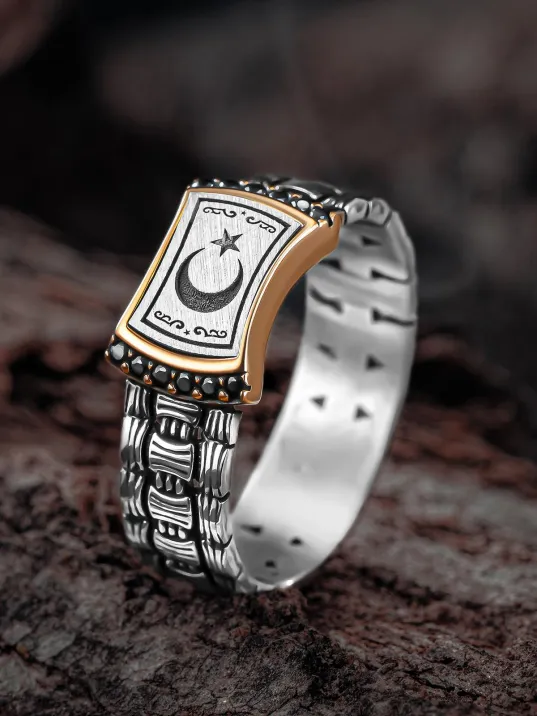 Erkek Gümüş Yüzük - Örgü Model Zirkon Taşlı Ay Yıldız İşlemeli Erkek Yüzük