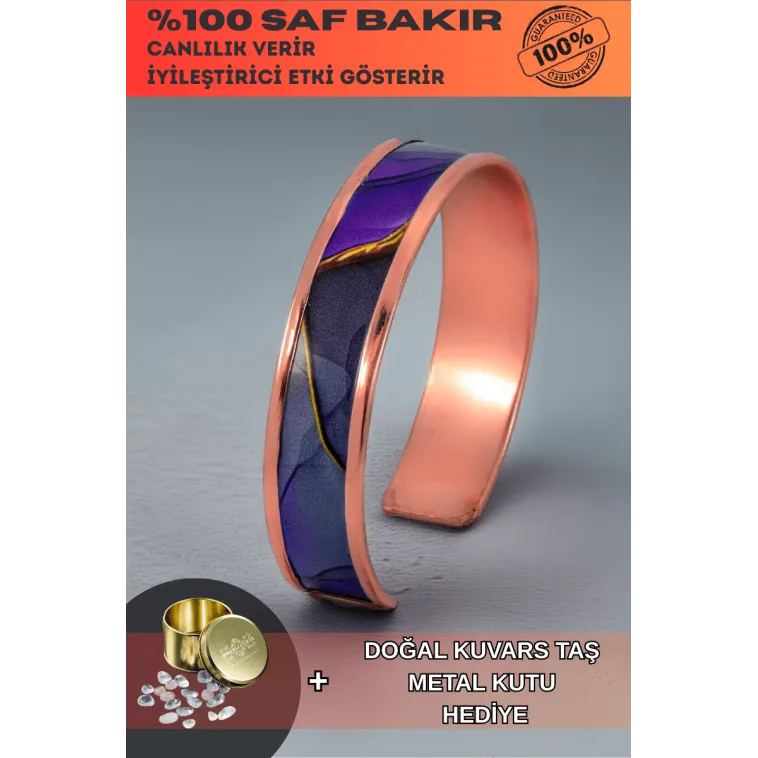 Kadın Bakır Bileklik - Laura Model Özel Baskı Metal Kutu Ve Kuvars Taşı Kadın Bakır Bileklik - Laura Model Özel Baskı Metal Kutu Ve Kuvars Taşı