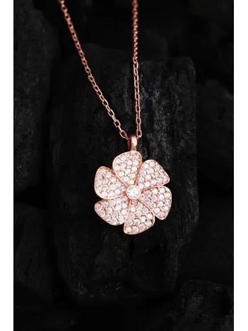 Kadın Gümüş Kolye - Sevgililer Günü - Hediye - Ortası Zirkon Taşlı Çiçek Motifli Kadın Kolye