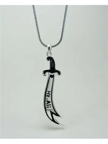 Hz.Ali Yazılı Erkek Zülfikar Gümüş Kolye Zincir Tilkikuyruğu Zincirli