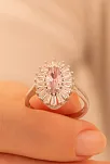 Kadın Gümüş Yüzük - Damla Model Pembe Zirkon Taşlı Baget Süslemeli Rodyumlu Kadın Yüzük