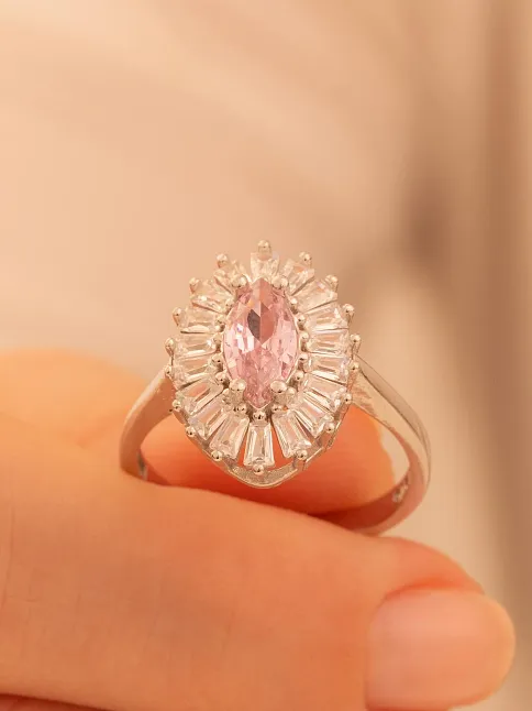 Kadın Gümüş Yüzük - Damla Model Pembe Zirkon Taşlı Baget Süslemeli Rodyumlu Kadın Yüzük