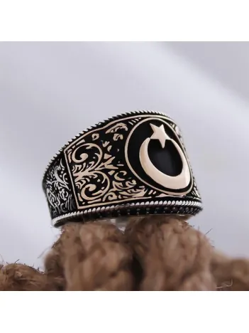 Ay Yıldız Motifli Yanı İşlemeli Özel Seri Erkek Gümüş Yüzük