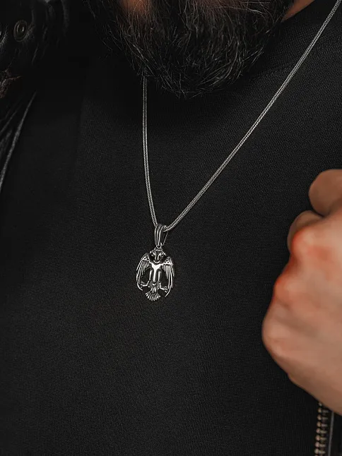 Erkek Gümüş Kolye - Tilki Kuyruk Zincirli Çift Başlı Selçuklu Kartalı Model Erkek Kolye