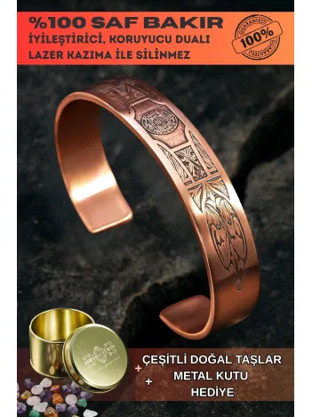 Saf Bakır Bileklik Silinmez Koruma Dualı Hz. Süleyman Metal Kutu Doğal Taşlar Kadın Erkek Kelepçe