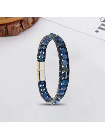 Erkek Doğaltaş Bileklik - 6Mm Doğal Lapis Taşı Deri Kordon Ve Çelik Bileklik