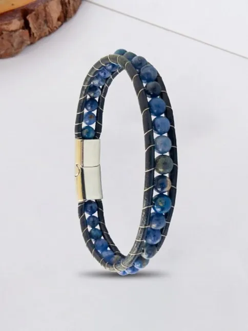 Erkek Doğaltaş Bileklik - 6Mm Doğal Lapis Taşı Deri Kordon Ve Çelik Bileklik