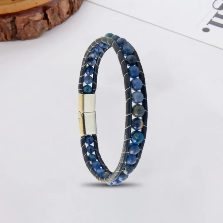 Erkek Doğaltaş Bileklik - 6Mm Doğal Lapis Taşı Deri Kordon Ve Çelik Bileklik Erkek Doğaltaş Bileklik - 6Mm Doğal Lapis Taşı Deri Kordon Ve Çelik Bileklik