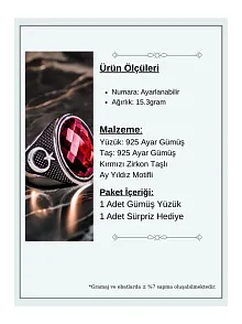 Erkek Kırmızı Zirkon Taşlı Yanı Ay Yıldız Motifli 925 Ayar Gümüş Yüzük