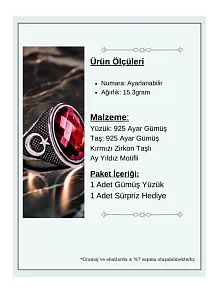Erkek Kırmızı Zirkon Taşlı Yanı Ay Yıldız Motifli 925 Ayar Gümüş Yüzük