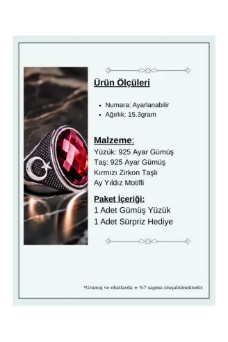 Erkek Kırmızı Zirkon Taşlı Yanı Ay Yıldız Motifli 925 Ayar Gümüş Yüzük