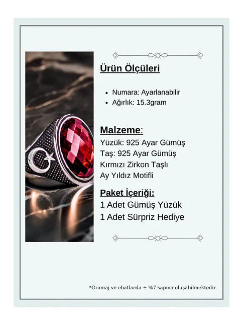 Erkek Kırmızı Zirkon Taşlı Yanı Ay Yıldız Motifli 925 Ayar Gümüş Yüzük