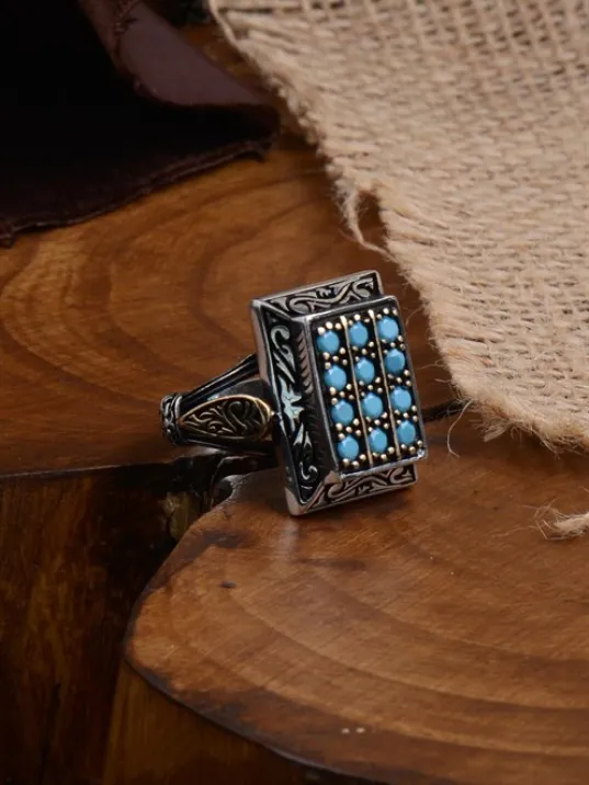 Oniki Turkuaz Taşlı İşlemeli Koleksiyonluk Erkek Gümüş Yüzük