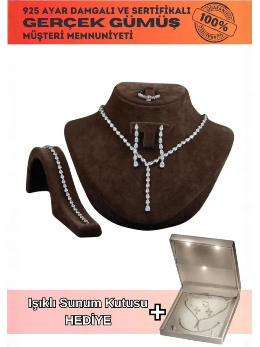 Açela Bayan Zirkon Taşlı Gümüş Su Yolu Set - Kolye, Bileklik, Küpe, Yüzük