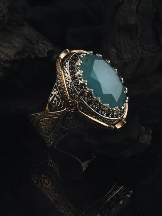 Yeşil Parabia Taşlı Erkek 925 Ayar Gümüş Yüzük GYZYSLPRBTS-GMS