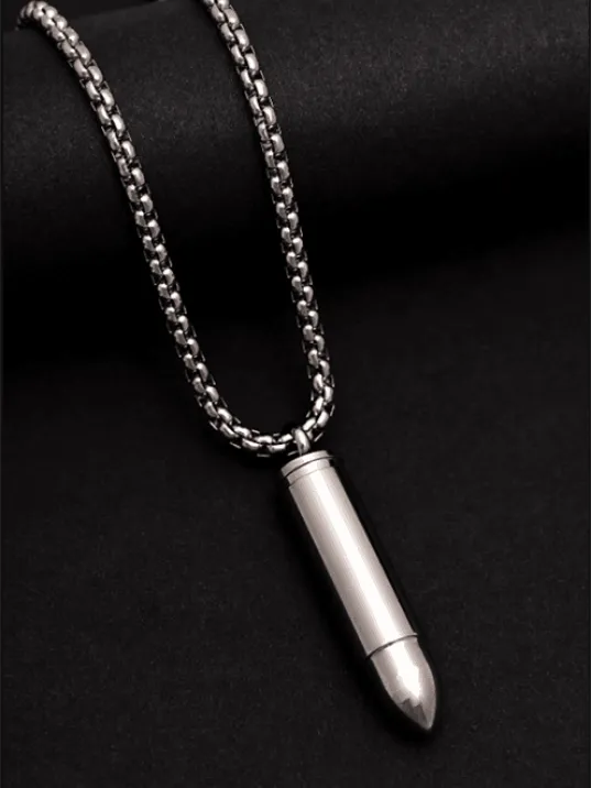 Erkek Kolye - Kapağı Açılan Mermi Kurşun Model Erkek Çelik Kolye - 316 L Paslanmaz Çelik Kolye