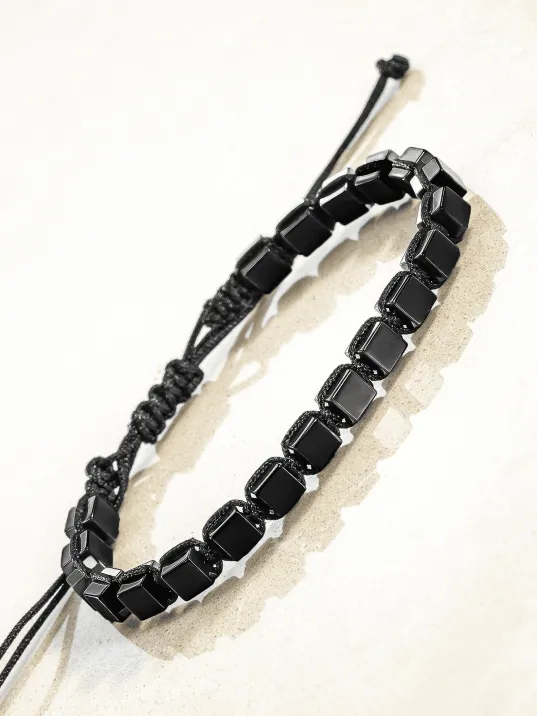 Erkek Kadın Doğal Taş Bileklik - Siyah Hematit Doğal Taşlı Makrome Küp Model Unisex Bileklik