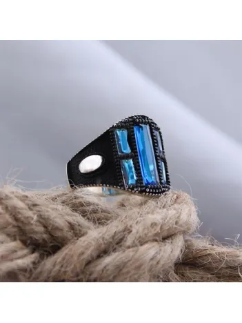 Lacivert Safir Taşlı Oksitli Özel Seri Erkek Gümüş Yüzük