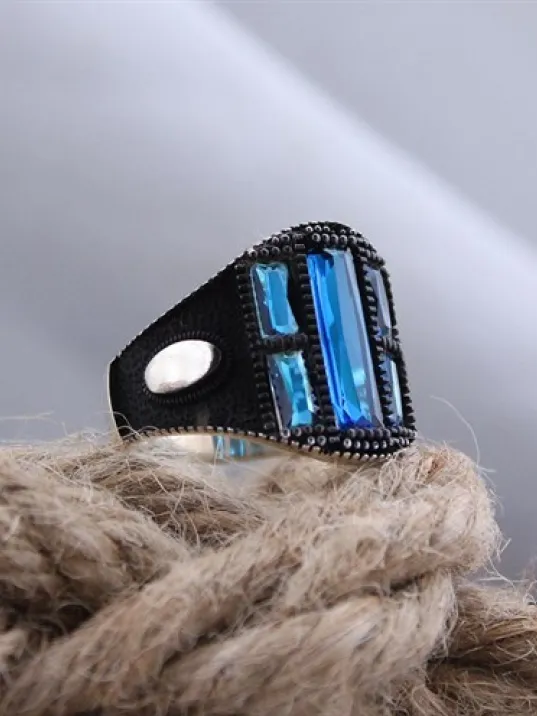 Lacivert Safir Taşlı Oksitli Özel Seri Erkek Gümüş Yüzük