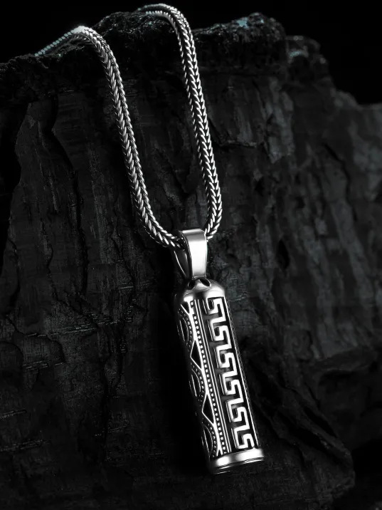 Erkek Gümüş Cevşen Muska Zincir Geometrik Desenli