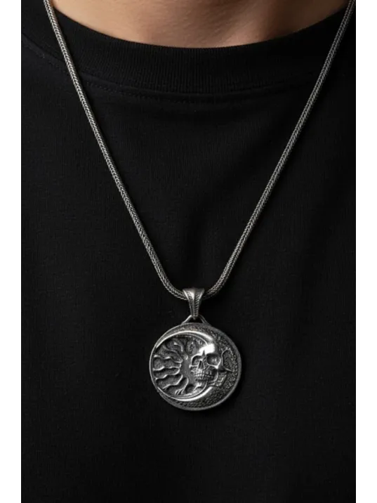Erkek Gümüş Kolye - 925 Ayar Kabartmalı Güneş Ay ve İskelet Motif Tilki Kuyruğu Zincirli Erkek Kolye