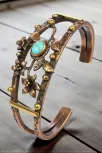 Kadın Bakır Bileklik - Turkuaz Firuze Taşlı Oval Model Çiçek Motif Bilezik Metal Kutu ve Doğal Taş
