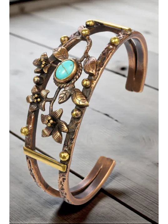 Kadın Bakır Bileklik - Turkuaz Firuze Taşlı Oval Model Çiçek Motif Bilezik Metal Kutu ve Doğal Taş