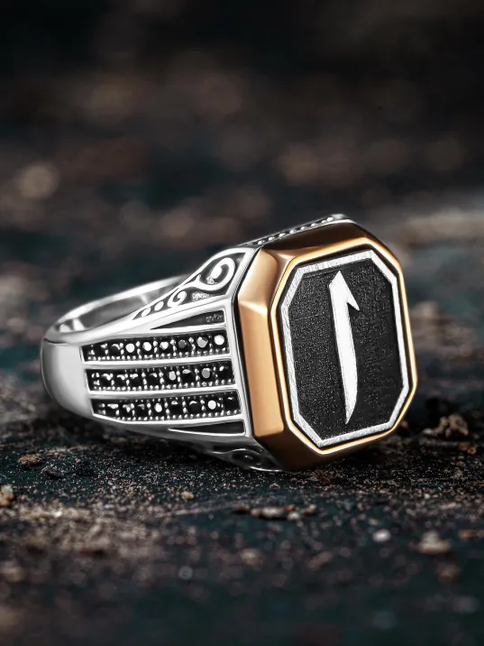 Erkek Gümüş Yüzük - Üç Sıra Zirkon Taşlı Elif İşlemeli Erkek Yüzük