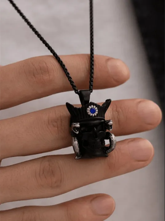 Erkek Kolye - Iskelet Korsan Figürlü Zirkon Taşlı Erkek Çelik Kolye - 316 L Paslanmaz Çelik