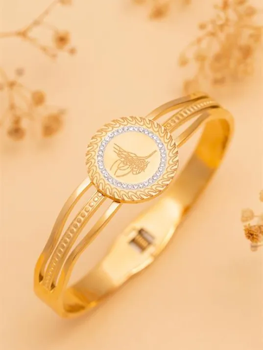 Kadın Bileklik-22 Ayar Gerçek Altın Kaplama(Kararmaz) ÇelikKadın Kelepçe- Tuğra İşlemeli Zirkon Pırlanta